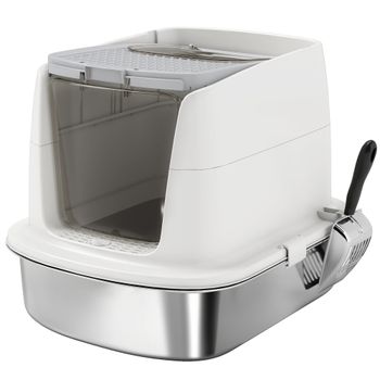 PawHut Arenero para Gatos de Acero Inoxidable L con Tapa Abatible Pala Metálica Bolsa Desodorizante Fácil de Limpiar Blanco