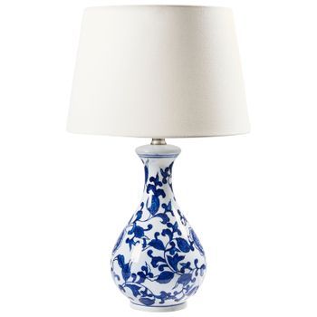 Lámpara De Mesa Elegante Con Base De Porcelana Con Estampado Floral Pantalla De Lino Tambor Iluminación Blanco Y Azul Carmen