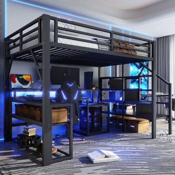 Cama Alta De 140 X 200 Cm Con Escritorio Integrado, Estructura Metálica Y Luz Led
