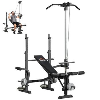 Bicicletas Estáticas Rolipo Banco De Pesas Multifuncional Ajustable Con Polea Alta, Respaldo Regulable Y Soporte Para Discos 180x134x200 Cm