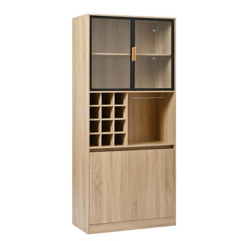 Vitrina alta efecto madera con botellero y portacopas con led