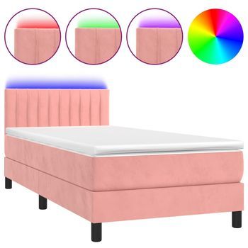 Cama Individual | Cama De Adulto | Cama Box Spring Colchón Y Led Terciopelo Rosa 90x200 Cm