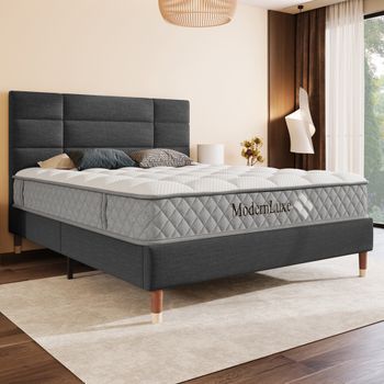 Cama Tapizada 140x200 Cm Con Cabecero - Tejido De Lino - Somier De Láminas - Gris Oscuro (con Colchón)
