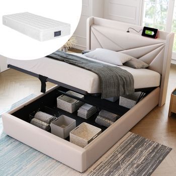 Cama Contenedor 90 X 200 Cm - Usb Y Tipo C - Tela De Lino - Somier De Láminas - Beige + Colchón