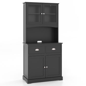 Costway Armario de Cocina Alto Negro con Puertas de Vidrio y Cajones Gran Espacio de Almacenaje para Comedor y Cocina 80 x 40 x 170 cm Negro