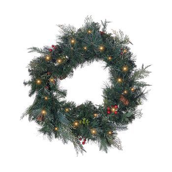 Corona De Navidad Con Piñas Sintéticas Y Bayas Para Puerta Con Luces Led 60 Cm Verde Elbrus