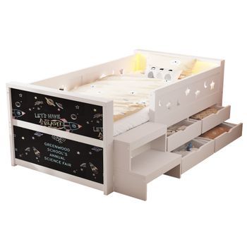 Cama Infantil 90x200 Con Luces Led Y 4 Cajones De Almacenamiento, Madera, Blanco