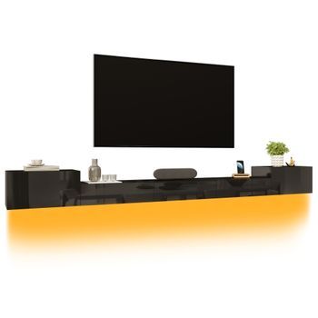 Mueble Tv Suspendido Negro 245 Cm Con Luces Led App Y Puertas Alto Brillo, Madera Mdf