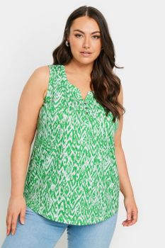 Yours Camiseta Verde Ikat Sin Mangas De Algodón Con Jaretas, Mujer Curvy Y Tallas Grandes, Yours