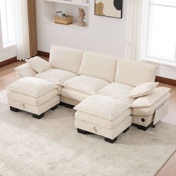 Canapé Modular De 3 Plazas En Terciopelo Acanalado Con 2 Poufs - Asiento Amplio, Espuma De Alta Densidad, Puerto Usb-c, Bolsillo Lateral. Beige
