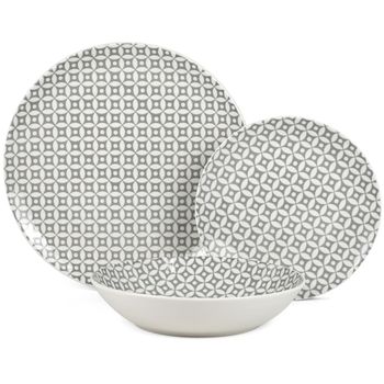 Vajilla 18 pzs porcelana gris estampada, plato llano: diam.27cm