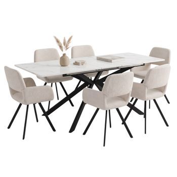 Conjunto Mesa 1+6  Extensible Mármol Y 6 Sillas Giratorias Urban Meuble - Negro Y Beige