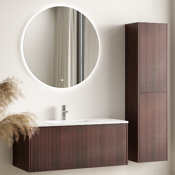 Mueble De Baño Suspendido Con Lavabo 100 Cm Nogal Frente Estriado - Lavabo Blanco - Lomazoo Rovani