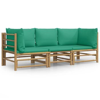 Conjunto De Muebles De Jardín 3 Uds | Mesa Y Sillas Bambú Con Cojines Verde