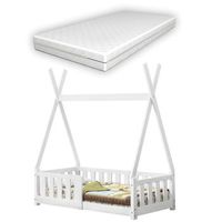 encasa cama para ninos de pino - con colchon de espuma fria - con reja seguridad - 140x70cm - cama infantil - tipi - carpa indio - blanco mate - certificado oeko-tex 100 - hecho en ue