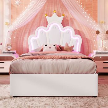 Cama Infantil Princesa Tapizada 90x200 Cm + Cajones +  Iluminación Led Mando A Distancia + Cabecero Corona
