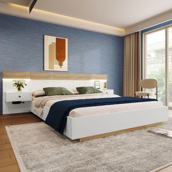 Cama Doble De 160x200 Cm En Roble Sonoma, Con 2 Mesitas De Noche Led Usb-c, Tomas De Corriente Integradas, Diseño Flotante, Sin Colchón, Color Blanco