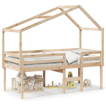 Cama Individual | Cama Para Adulto | Cama Alta Con Techo Madera Maciza De Pino 90x190 Cm