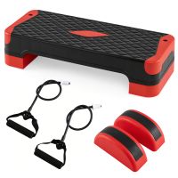 costway plataforma step 3 en 1 ajustable con 2 elevadores 2 equilibradores 2 bandas elasticas antideslizante para casa gimnasio rojo