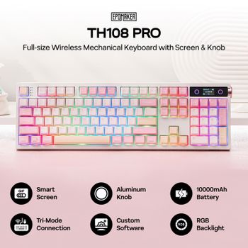 EPOMAKER TH108 PRO, teclado mecánico con teclas de color crema, diseño ANSI estadounidense, conexión por cable, Bluetooth y conexión inalámbrica de 2,4 GHz, con iluminación RGB y batería de 10000 mAh.
