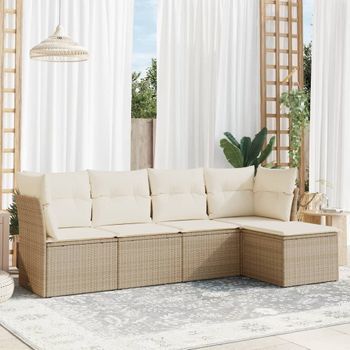 Conjunto De Sofás Jardín Con Cojines 5 Uds | Mueble Jardin Mesa Y Sillas Ratán Sintético Beige Cfw432000