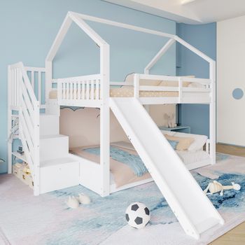 Litera Infantil Con Tobogán 140x200 Cm, Cama Casita De Madera Blanca Con Almacenaje