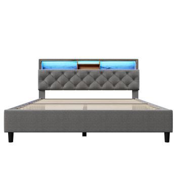 Cama Doble Acolchada 140x200 Cm De Lino Con Led Y Espacio De Almacenamiento - Somier De Láminas - Gris
