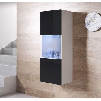 Vitrina Colgante | Armario | Mueble De Salón | Vitrina De Pared | Led | 1 Puerta | 40x126x29cm | Modelo Luke V3 | Blanco Y Negro Brillo