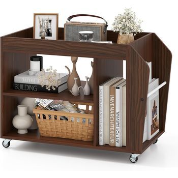 Mesa Auxiliar De 3 Niveles Con Ruedas Universales Costway Mesilla De Noche Rodante (76 X 39,5 X 55 Cm - Nogal)