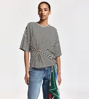 essentiel antwerp para mujer kriss camiseta a rayas con broche blanco negro xxs casual viscosa manga corta
