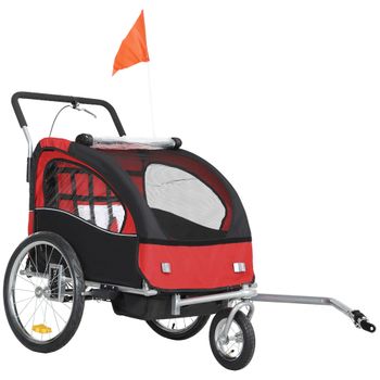 HOMCOM Remolque de bicicleta para niños 2 en 1 con cinturón de seguridad de 5 puntos reflectores bandera y cortina cortavientos Rojo   Aosom España