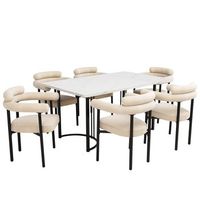 conjunto de mesa efecto marmol de 140 cm y 6 sillones color crema
