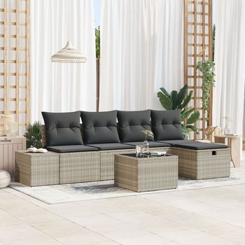 Conjunto De Sofá De Jardín De 6 Piezas Con Cojines Gris Claro Ratán Poliéster V8228 Unico / Gris