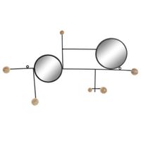 perchero de pared 2 espejos de metal negro y pomos en  madera 42x72 cm