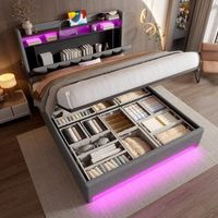 cama doble tapizada con iluminacion led carga usb-c almacenamiento hidraulico bajo la cama y cabecero 140x200 cm gris