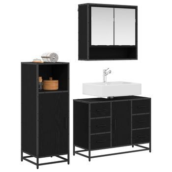 Juego De Muebles De Baño | Armario De Baño 3 Piezas Roble Negro Madera Contrachapada