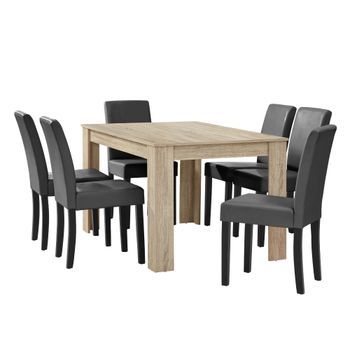 Mesa De Comedor + 6 Sillas Forssa Mdf Y Polipiel 140x90x77cm - Roble Claro + Gris Oscuro [en.casa]
