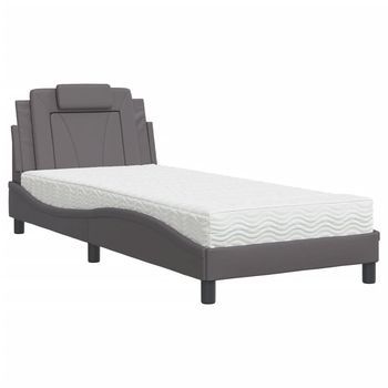 Cama Individual | Cama Para Adultos | Cama Con Colchón Cuero Sintético Gris 90x200 Cm