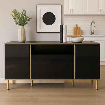 Aparador negro brillante con detalles dorados e iluminación led.