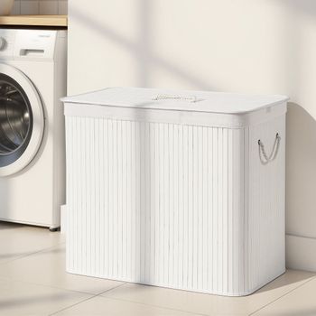 Cesto de la ropa sucia con tapa de bambú blanco
