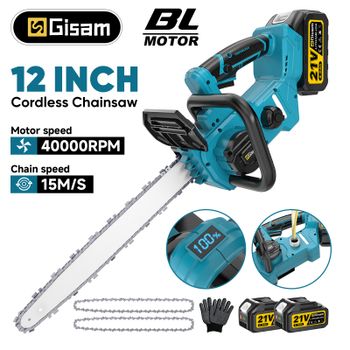 Motosierra Eléctrica Inalámbrica Gisam de 12 Pulgadas, Herramienta Eléctrica para Cortar y Podar Madera en el Jardín, Compatible con Baterías Makita