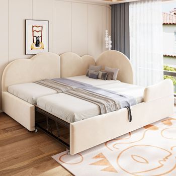 Sofá Cama Nido De Terciopelo Beige, 90 X 200 Cm, Auxiliar Extraíble Y Cabecero De Nube