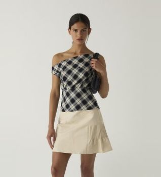 LAAGAM para mujer. M2033 Top Tate de cuadros asimétrico negro (S), Casual, Poliéster, Sin mangas / Tirantes