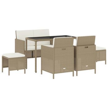 Conjunto Comedor Jardin 6 Uds | Mueble Jardin Mesa Y Sillas Con Cojines Ratán Sintético Beige