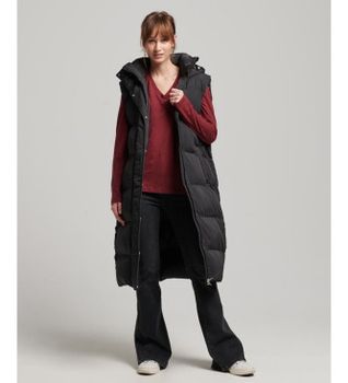 Superdry para mujer. W5011641A Chaleco acolchado largo con capucha negro (M), Casual, Poliéster Reciclado, Sostenible