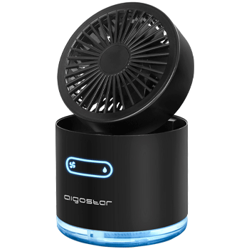 Aigostar Fairy - Mini Ventilador Nebulizador, Depósito 300ml con USB, 3 Velocidades, 7 Colores iluminación. 2 Modos de Pulverización. Ventilador mini humidificador, apagado automático, Negro