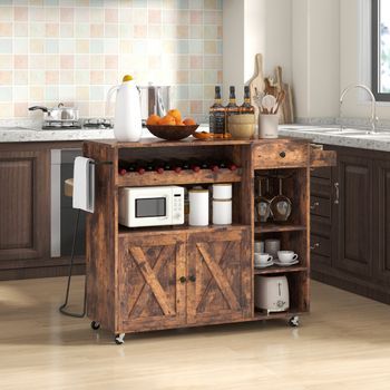 Carrito De Cocina Buffet Con Ruedas Estante De Vino Gabinete Para Estación De Café Marrón