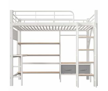 Cama alta 90 x 200 cm – escritorio, estantes, cajones, usb y led, sin colchón – blanco