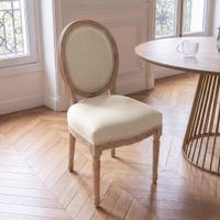 silla de comedor de lino beige con respaldo medallon