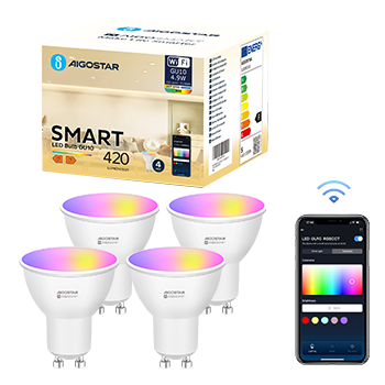 Aigostar Bombilla Inteligente LED GU10 Bombillas Alexa 5W 420LM Bombilla Wifi RGB & 2700K-6500K Regulable, Controladas por APP, Conexión rápida Compatible Con Google Home/Alexa, 4 Unidades.
